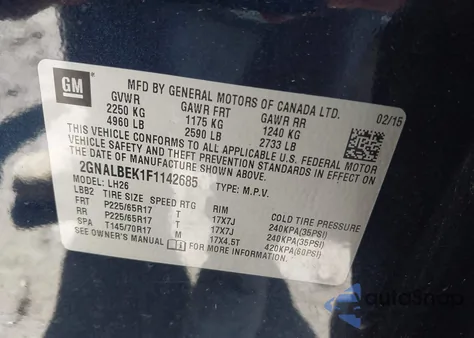 2015 Chevrolet Equinox 1Lt from USA, damaged, VIN 2GNALBEK1F1142685